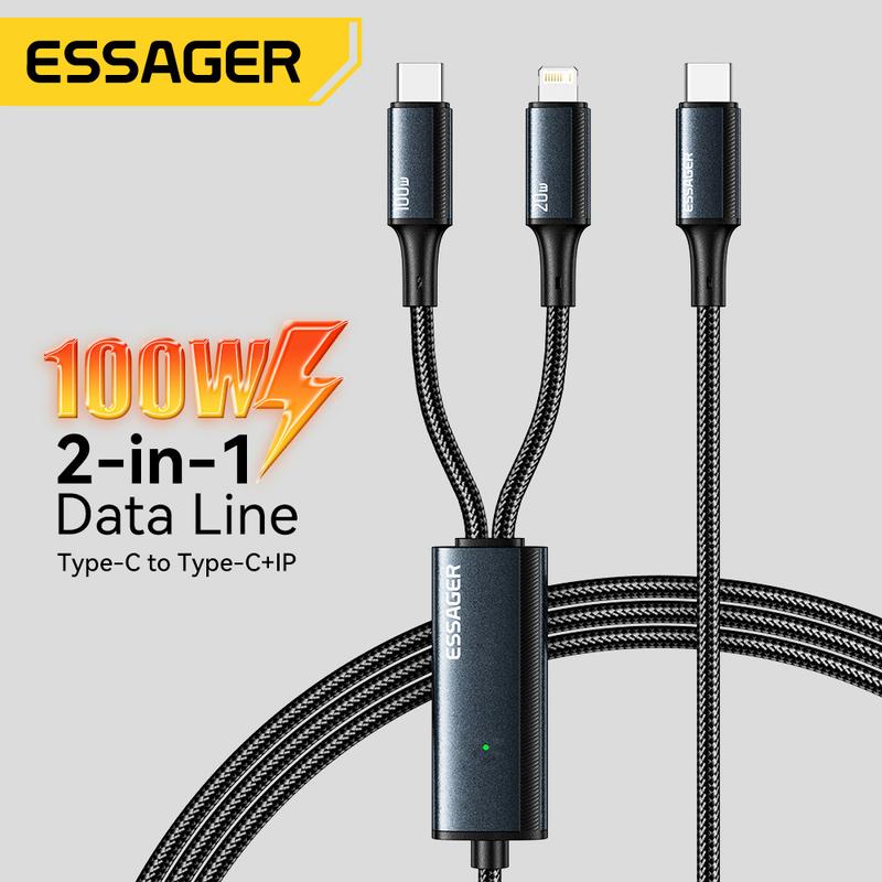 Cáp USB C sang Type C sang Lightning, Essager, Bộ sạc nhanh PD, Dữ liệu 2 trong 1, Dây sạc nhanh, Tương thích với Macbook, iPhone, Samsung, Xiaomi, Công suất 100W