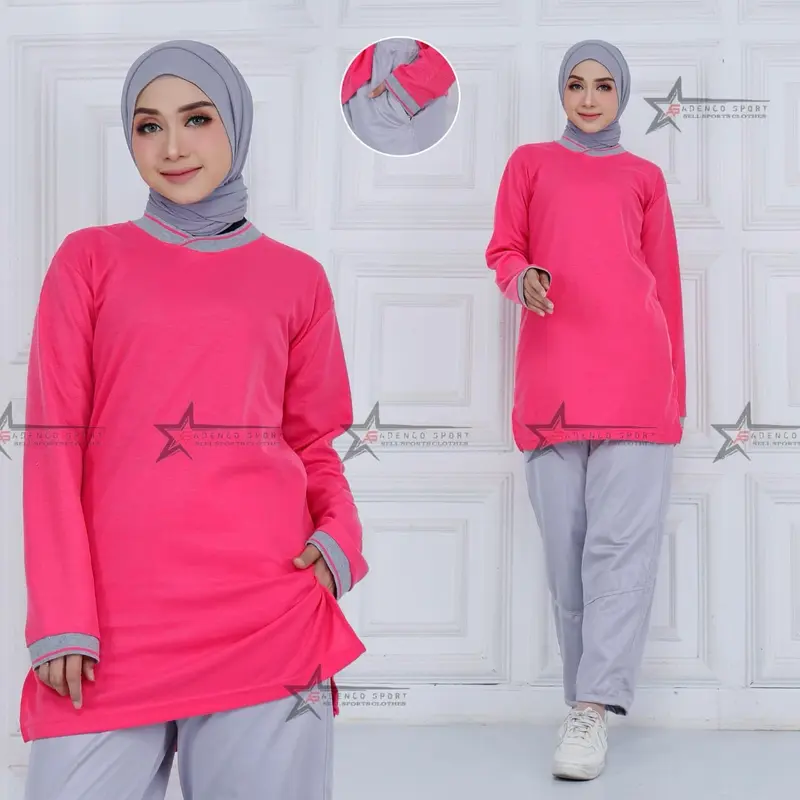 Setelan Baju Olahraga Senam Wanita Model Tunik Muslimah Bahan Lakos / Setelan Olahraga Wanita Muslimah Polos Celana Panjang Sport Atasan 4