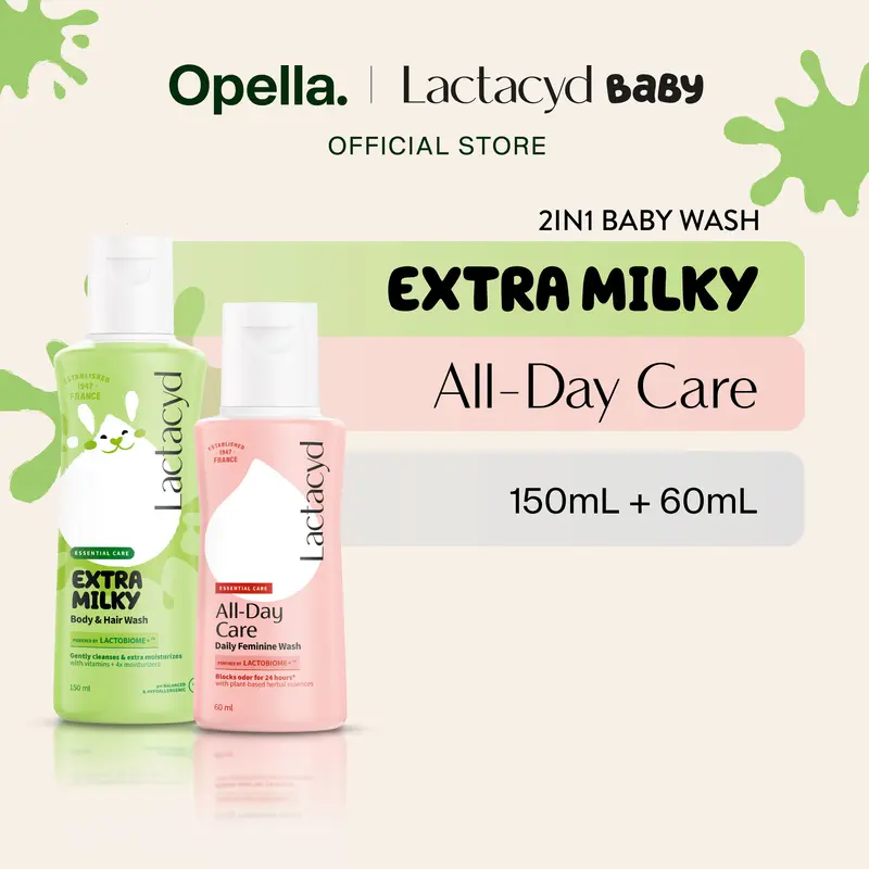 [Paket Ibu dan Anak] Lactacyd Baby Extra Milky 2in1 Body Wash and Hair  Shampoo 150mL – Sabun Hijau Standar