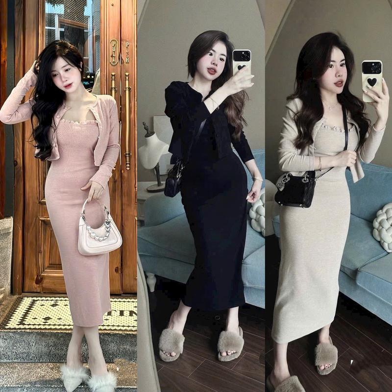 ( Đính Cúc Bọc ) Set Váy Len Lông Thỏ 2 Món Áo Khoác Ngoài Mongtoghi Mix Váy 2 Dây Viền Bèo Dáng Dài Ôm Body