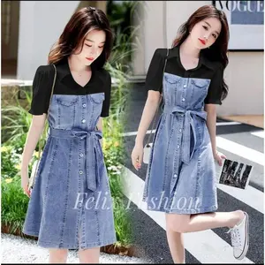 DRESS JEANS KOMBINASI KATUN LENGAN PENDEK