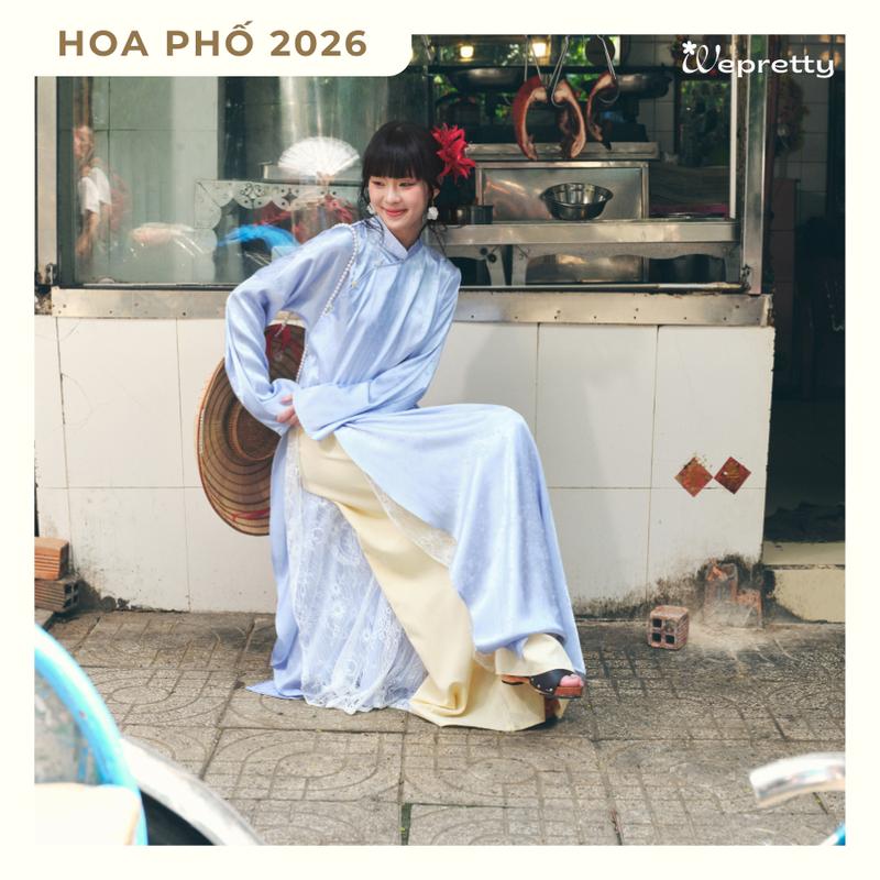 BST HOA PHỐ - TẾT 2026 AD01 - SET Áo dài ngũ thân gồm Áo dài Lụa hoạt tiết Ánh Sao và Quần Cotton dáng suông ống rộng Wepretty