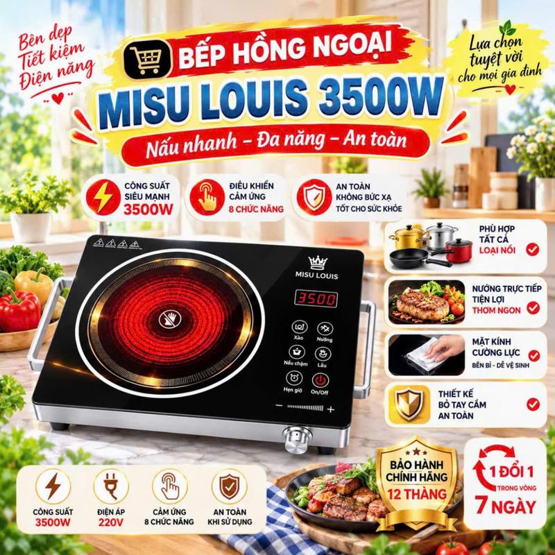 Bếp Hồng Ngoại MISU LOUIS 3500w Đa Năng Không Kén Nồi, Mặt Kính Cường Lược Tiện Lợi