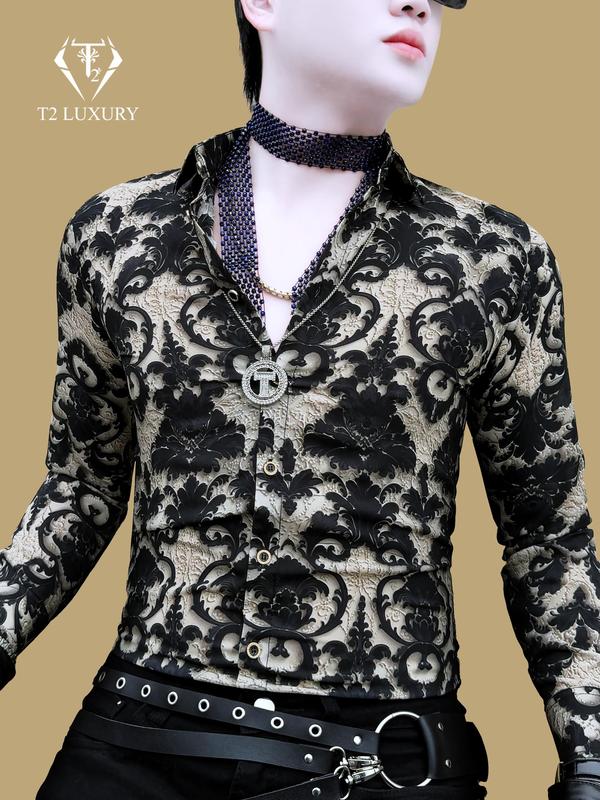  Áo sơ mi nam họa tiết in 3D cách điệu vải lụa mềm mịn phom ôm đẹp co giãn thoáng mát Menswear Shirt 