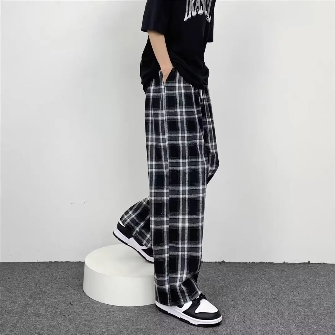 Black and white checkered high street pants, unisex checkered pants, designer niche casual straight leg pants， Man Trouser Clothing