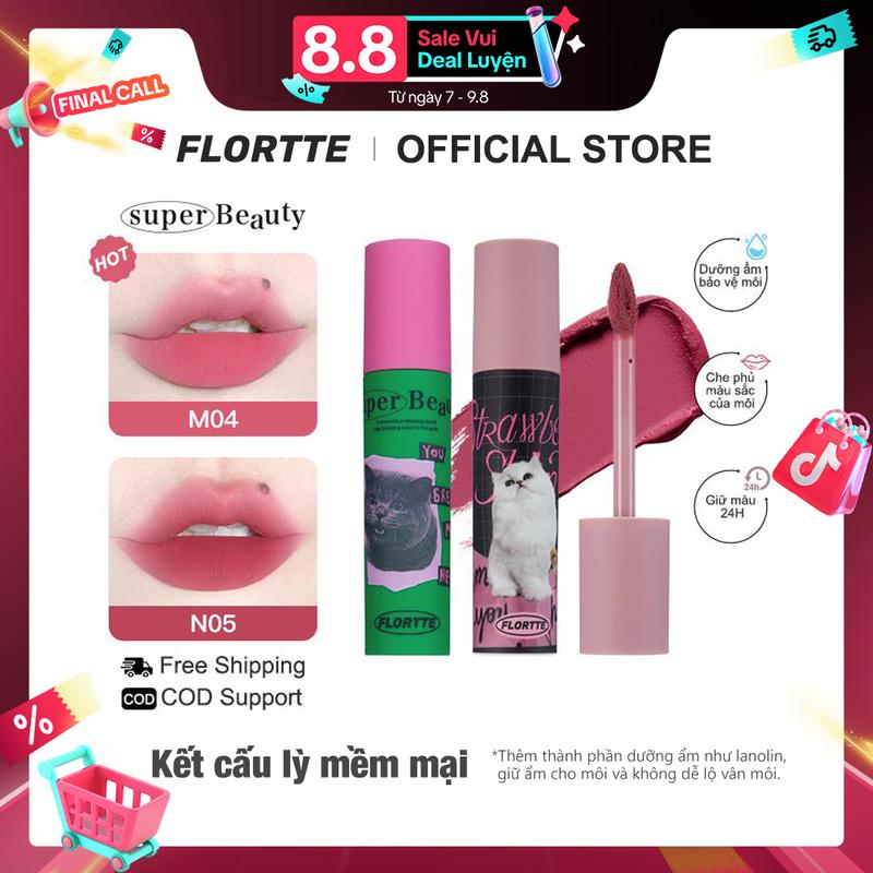 FLORTTE --- Son Kem Lì,  Mềm Mại, mềm mịn, không lem không trôi, màu sáng, mỹ phẩm nữ, lâu trôi, Mèo Con,12 màu, 2.3g