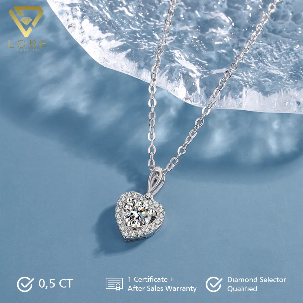 Lore Jewellery - Kalung Moissanite Lapis Emas Putih 18K - Heart Clarity Moissanite Necklace 0.3 CT/ 0.59 CT