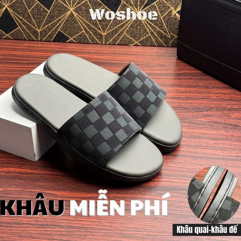 [DÉP NAM 2025] Dép Khâu Đế Nam Quai Ngang Caro Khâu Tàng Hình WOSHOE Dép Lê Nam Đẹp Cao Cấp Đế Cao Su Chống Trơn Trượt