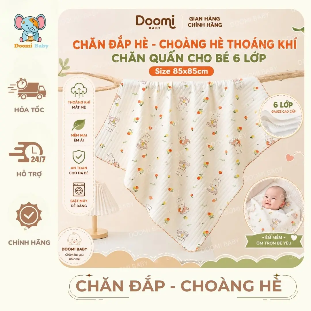[GIÁ SIÊU RẺ] Chăn Mền 6 Lớp Điều Hòa Cotton Hàn Họa Tiết Động Vật Cực Đáng Yêu Cho Bé Kích Thước 85x85cm Doomi Shop - HT531 - HT833 - 1