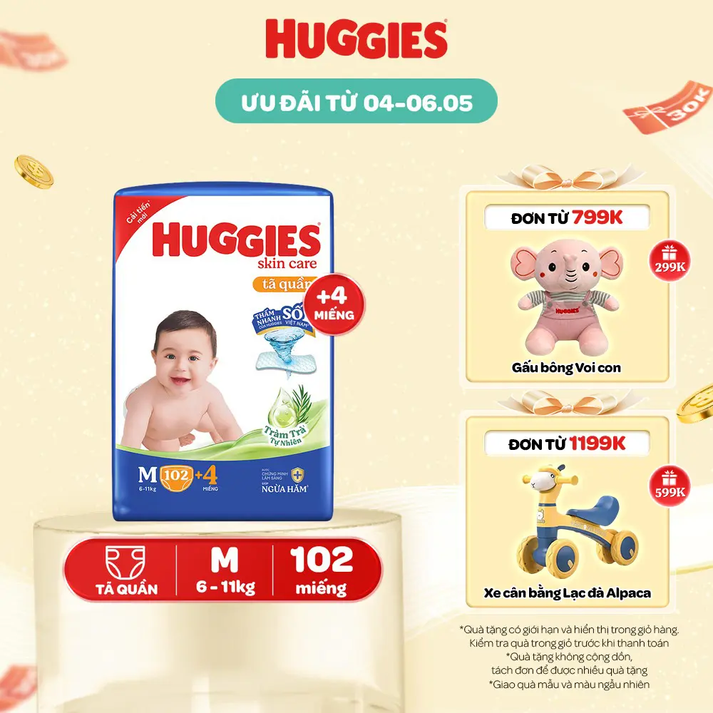 Tã/ bỉm quần Huggies Skincare Mega Jumbo với tràm trà dịu da Size M106/L96+8/XL84+4/XXL76+4