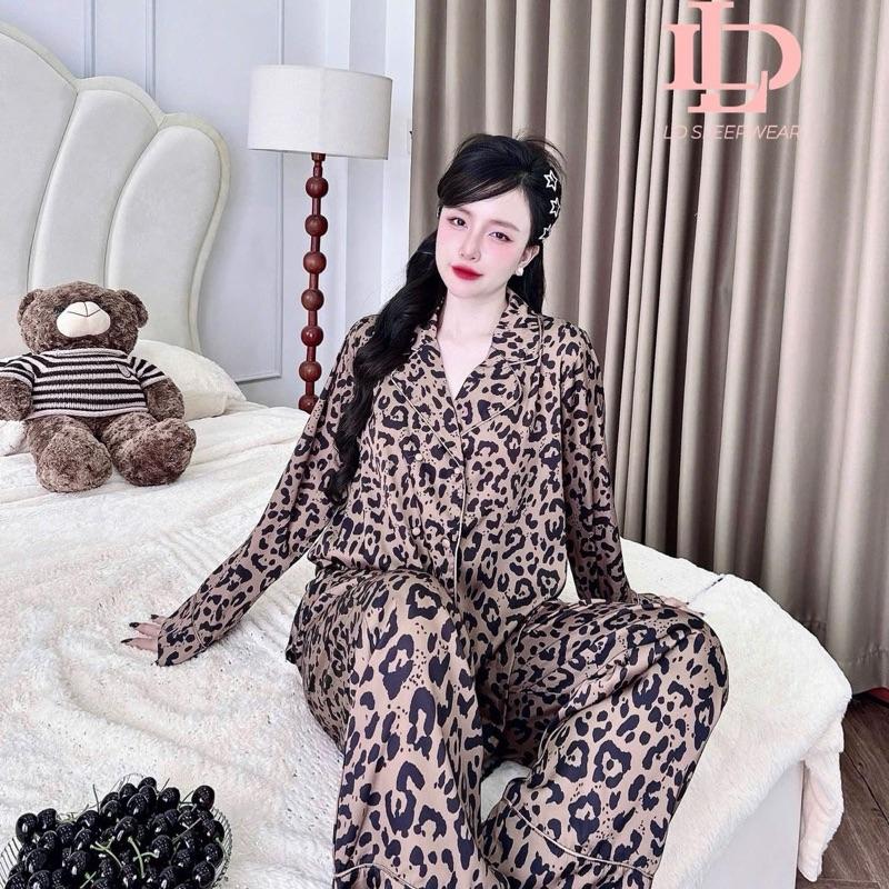 Đồ bộ nữ pijama - lụa Hàn Châu - (45-65kg) - vest cổ nhọn quần 95cm - beo nâu