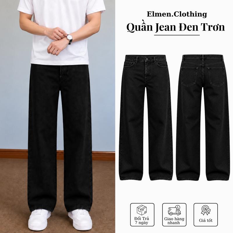 Quần Jean Nam Đen Trơn Ống Suông Rộng, Quần Bò Nam Form Suông Basic Denim, Black Wide Straight Jeans Elmen