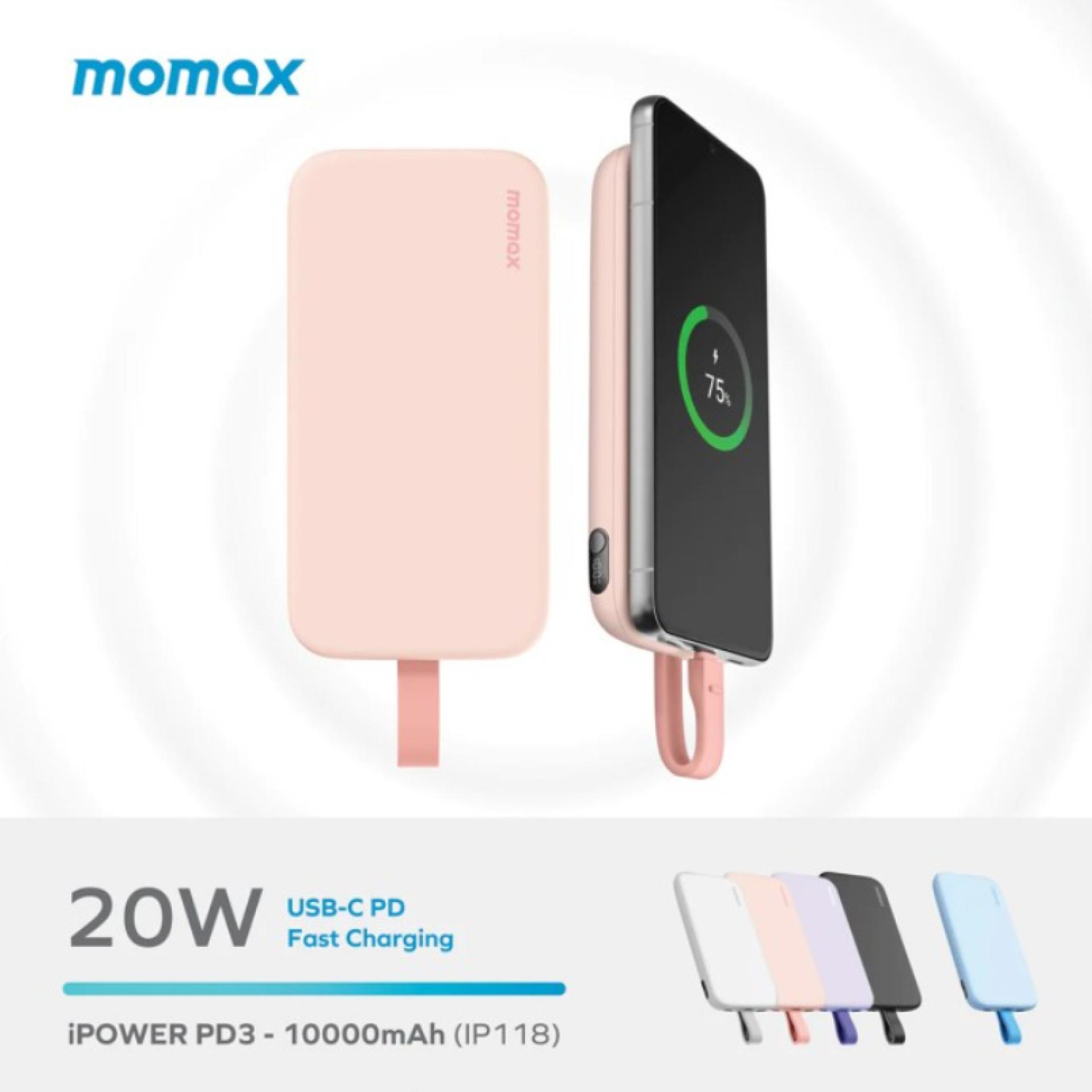 Momax Powerbank Built-in Kabel Charger USB C 10000mAh iPower PD 3 - Black IP118D