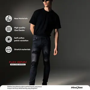Weird Jeans - Austin Black - Celana Jeans Pria Slimfit Strech Ripped Tambal Denim Nyaman Stretch