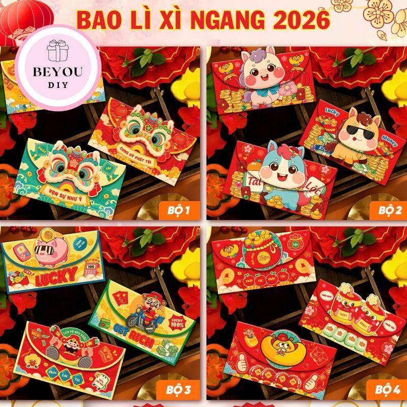 Combo 2 Bộ 6 Cái Bao Lì Xì Ngang 2026 Họa Tiết Dễ Thương Màu Sắc May Mắn Giấy Cứng Cao Cấp In Rõ Nét Kích Thước Chuẩn Tiện Dụng