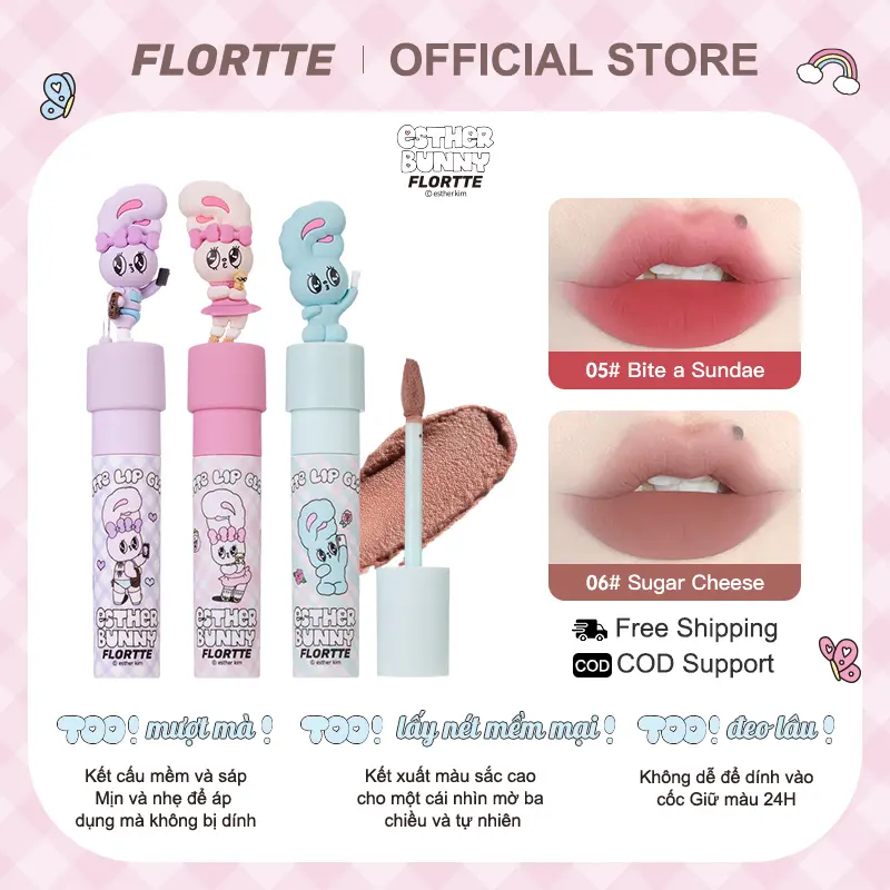 Son kem lì FlorttexEsther bunny --- mềm mịn, không lem không trôi, màu sáng, mỹ phẩm nữ, lâu trôi, 6 màu, 2.3g