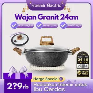 freemir Wajan Granit 24 Cm dan Tutup Presto Anti Lengket Multifungsi Goreng Rebus Numis Tutup Kaca Gagang Kayu Anti  Panas Kitchenware