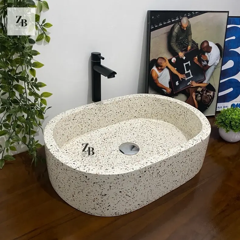Wastafel Terazzo Oval Mix Ukuran 50cm×35cm×13cm | Wastafel Cuci Tangan Aesthetic Minimalis | Free Packing Kayu