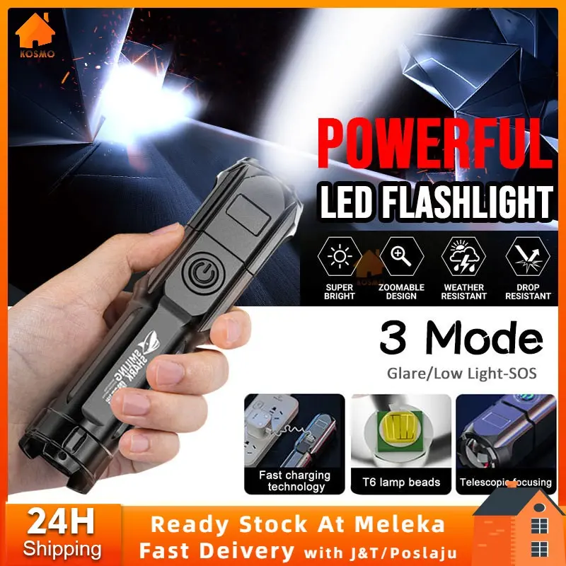Zoomable Torch Light Super Bright Outdoor Lighting Waterproof LED Flashlight 3 Modes USB Rechargeable Torchlight