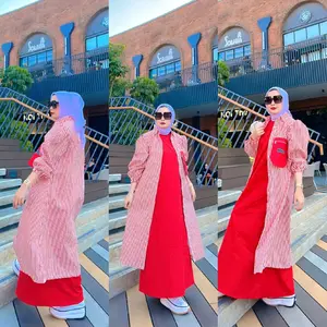 Nadine Abaya set strip merah putih by Calistha Katun Muslim