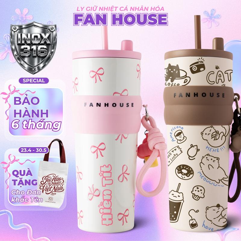 [Tặng Túi Canvas Khi Khắc Tên] Ly giữ nhiệt Candy inox 316 cao cấp, bình giữ nhiệt 710ml có ống hút Fan House khắc tên theo yêu cầu
