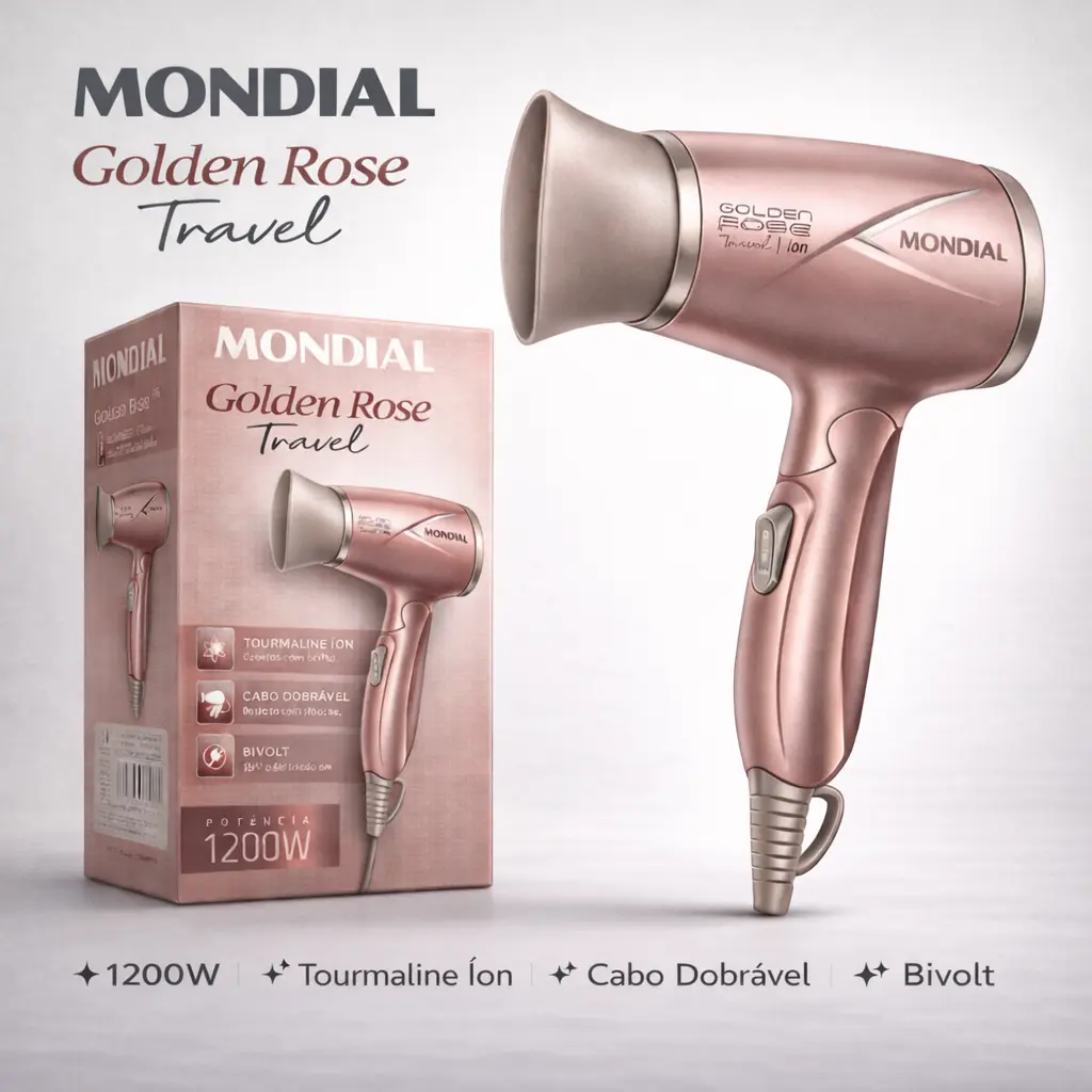 Secador de Cabelos Mondial Golden Rose Travel 1200W Bivolt 127V / 220V ÍonTourmaline Portátil Dobrável Antifrizz