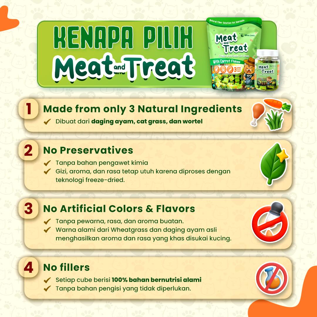 Olive Care MEAT & TREAT Freeze Dried Cat Grass Cube Snack Cemilan Kucing Tinggi Serat dan Protein atasi Hairball Bulu Rontok Penyebab Batuk, Tidak Nafsu Makan, Sembelit, Diare | Daging Ayam, Wheatgrass, & Carrot Flakes untuk Pencernaan dan Sistem Imun