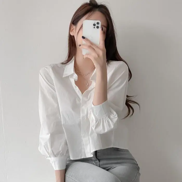 Korea Women Fashion loose long sleeve lapel collar shirt casual blouse tops