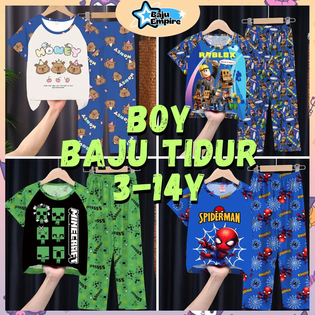 BOY Short Sleeves Kids Cartoon Pyjamas Baju Tidur Cotton Budak Lelaki Sleepwear Set