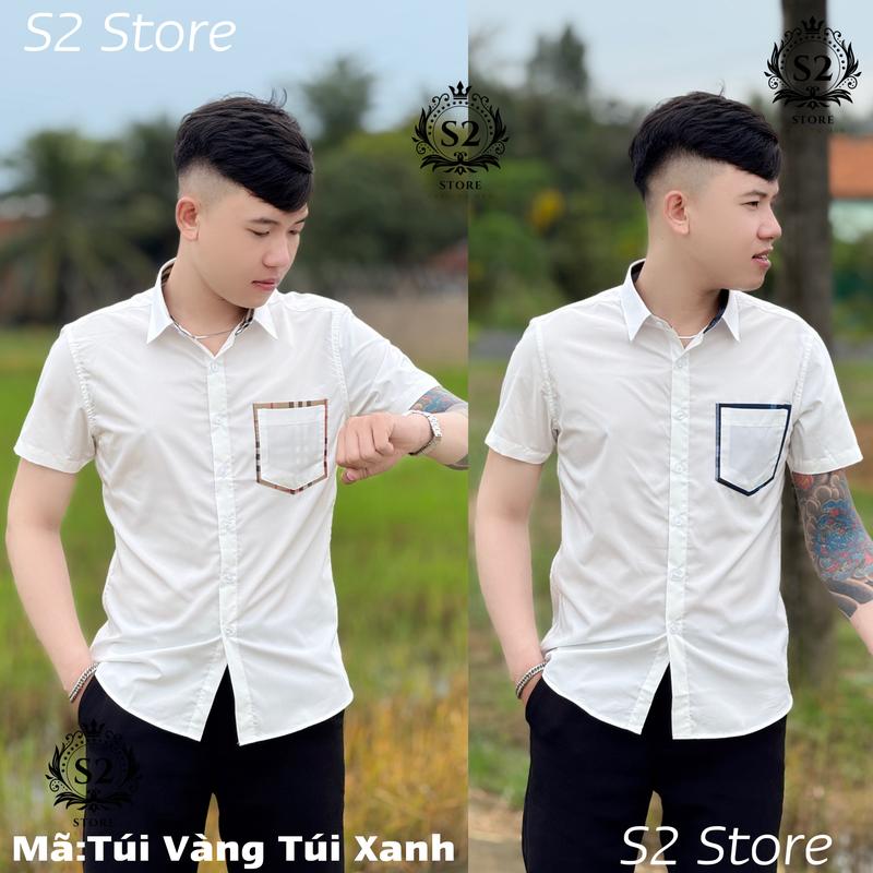  Áo Sơ Mi Ngắn Tay Trắng Phối Cổ Túi Vải Cotton Lụa Mềm Mịn Nam Menswear Shirt Cổ Tròn Kem Có Cổ Kate 