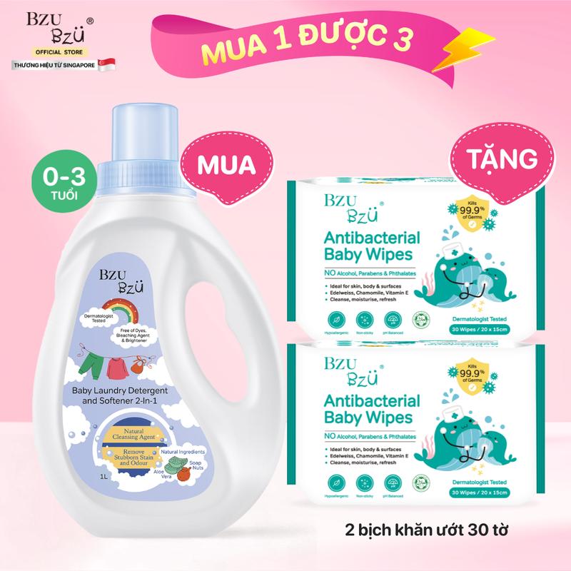 [KOL] Chai Nước Giặt Xả Vải Em Bé BZU BZU Baby Laundry Detergent and Softener 2 in 1 Dịu Nhẹ Cho Da Bé 1L Cho Bé