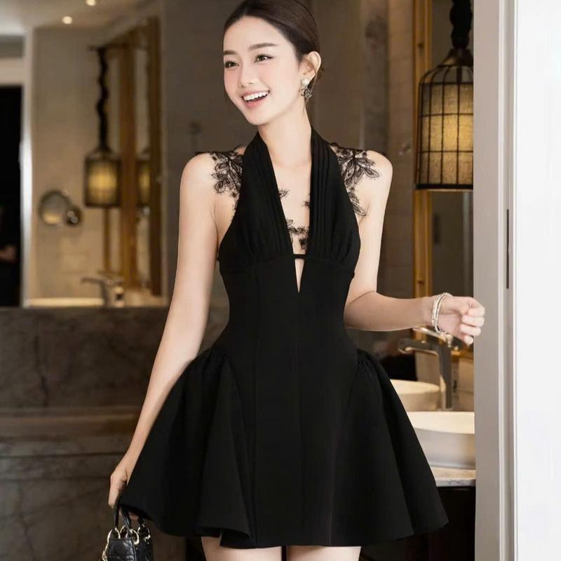 Đầm nữ cổ yếm phối ren dáng ngắn basic - ren vai