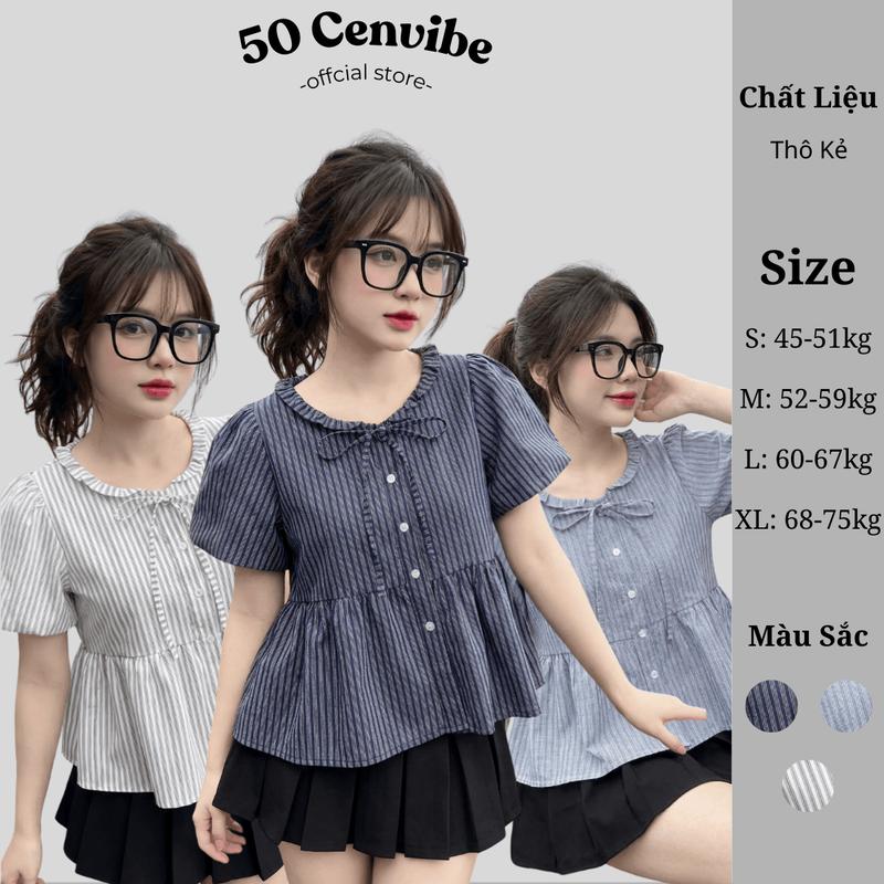 Áo Sơ Mi Nữ Dáng Babydoll Buộc Dây Cô Yếm Có Bigsize 45-75kg Phong Cách Korea Vải Thô Kẻ 50 Cenvibe Clothing #321