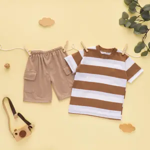 Setelan Anak Kaos Salur Stripe & Celana Cargo Usia 1-5 Tahun Desain Simpel Nyaman untuk Aktivitas Sehari-hari Tampilan Menarik Serbaguna