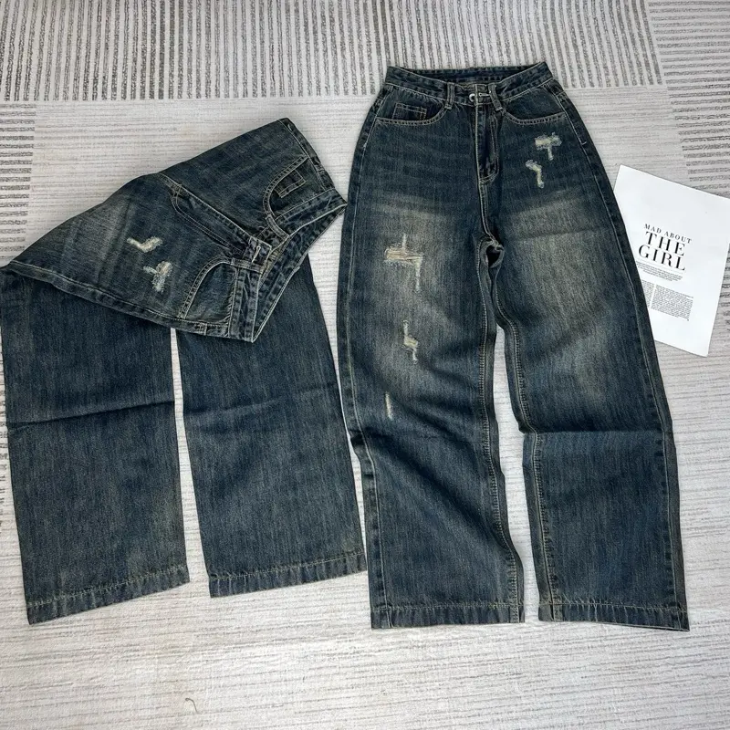 [LN101] Quần Jeans Ống Suông Phối Rách Nhẹ Nhàng Form Lỡ 95cm Màu Rêu Bụi Chất Vải QCCC Mềm, Mịn 4