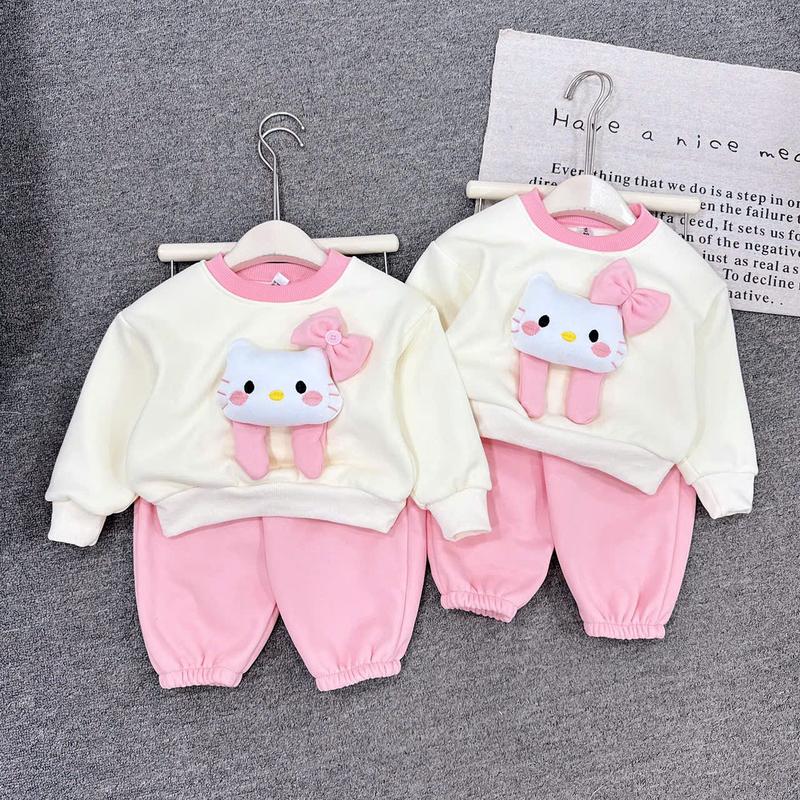 Bộ NỈ LÓT LÔNG NHUNG dày ấm bộ quần áo dài tay thu đông họa tiết mèo cho bé gái size 6-18kg