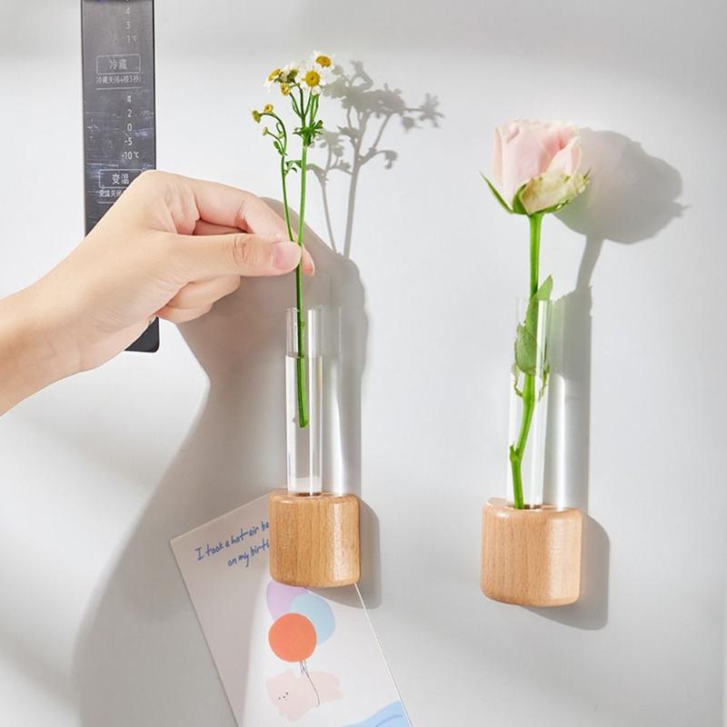 Household Refrigerator Magnet Test Tube Clear Vase with Wooden Base Space-Saving Transparent Hydroponic Vase Decoration Plastic Plants Flower Pot 0