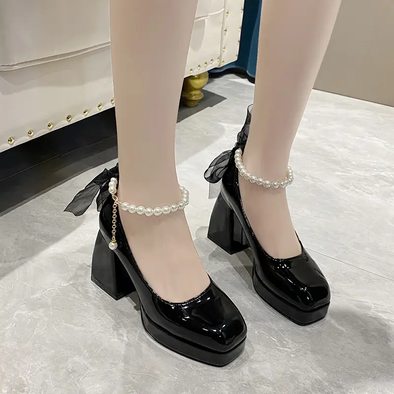 Sepatu Chunky High Heels Tahu Tinggi 9cm Wanita Tali Kekinian Import Pesta Mewah Murah Premium Kondangan Hitam Putih Terbaru Korea Elegan Glossy Wedding Big Size Ankle Strap Mary Jane Shoes - Ukuran 35 36 37 38 39 40 41 42 2