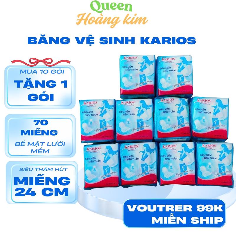 COM BO 10 GÓI Băng Vệ Sinh Karios Siêu Thấm Hương Thảo Mộc Hoàng Kim Bề mặt Lưới Mềm Gói Có 7 Miếng Kích Thước 23 Cm Cực Thấm Hút Chống Tràn Tiện Lợi tặng 1 gói Nữ Tampon vesinh phunu