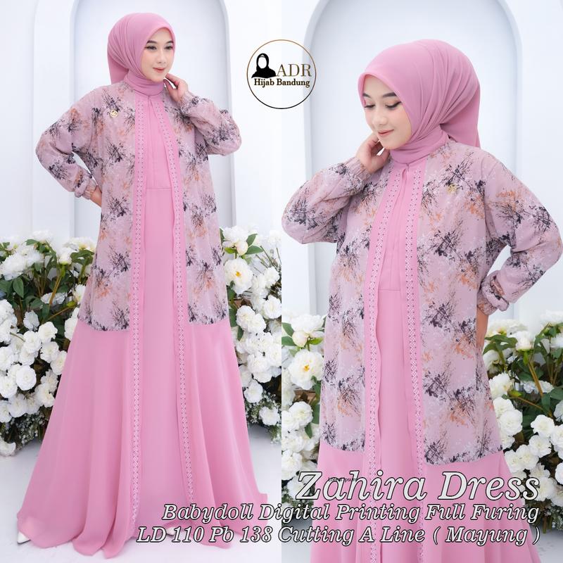 Dress ZahiraGamis BabyDoll Digital Printing Full Furing Busui dan Wudhu Friendly Kerudung SegiEmpat Muslim 1