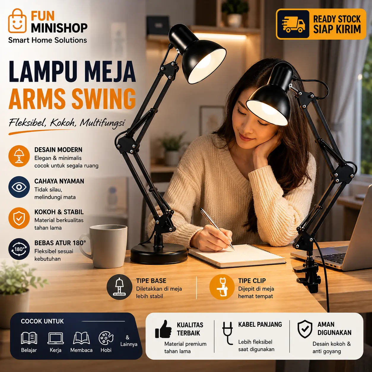 FUN MINISHOP Lampu Belajar Arsitek E27 Max 60Watt LAMPU KERJA LAMPU MEJA DESK LAM 2in1 dapat DUDUKAN + JEPIT