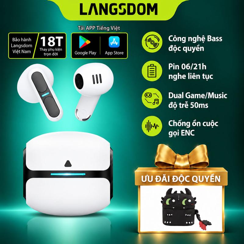 Tai Nghe Bluetooth Gaming Langsdom Theta, Bass cực căng, APP TIếng Việt, Độ trễ cực thấp 50ms, Pin tổng 21h, Míc chống ồn ENC, Chống nước IPX5