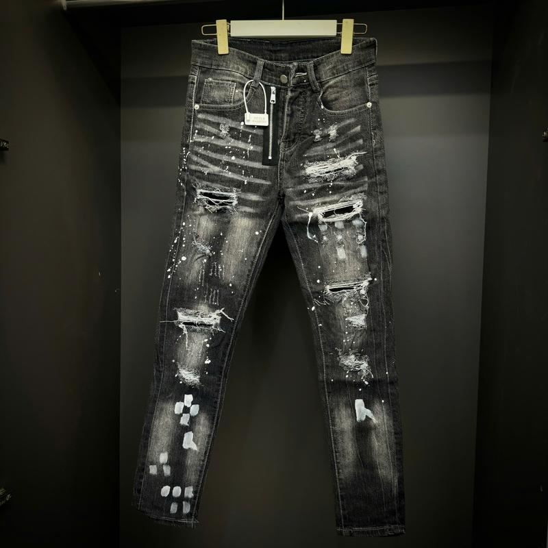 Quần jean nam boy phố xám bạ đen khóa lệch rách vá bảng 4 cúc Menswear Top