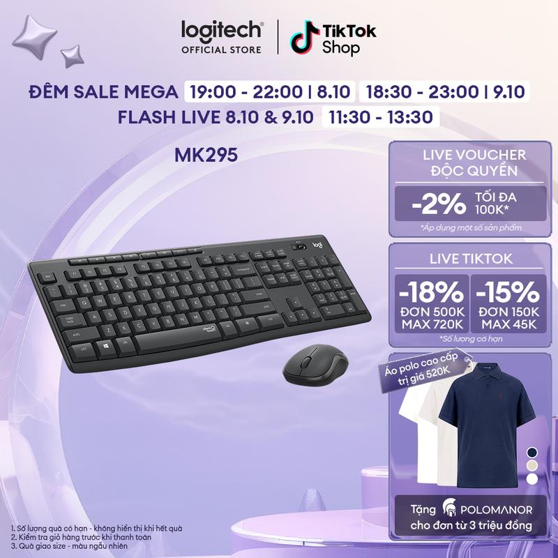 Combo chuột phím không dây Logitech MK295 Silent - giảm ồn, có phím số, bền bỉ ban  phim may tinh