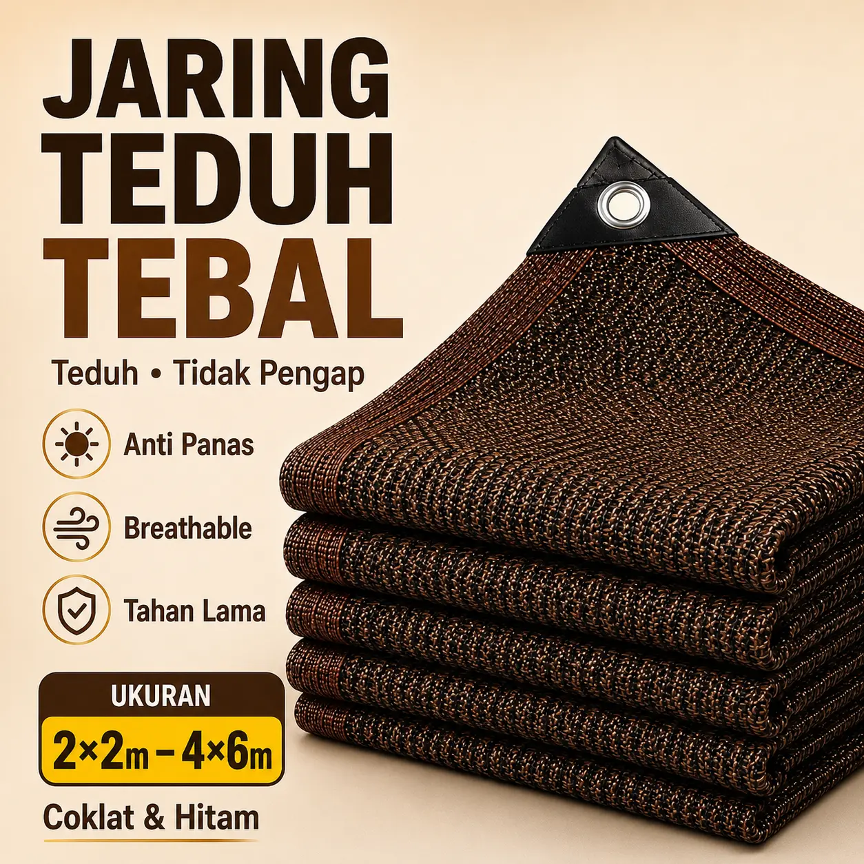 Paranet Jaring Teduh Anti UV Bahan HDPE Tebal dan Kuat, Jaring Peneduh Penahan Panas Warna Hitam Coklat untuk Tanaman Kebun Rumah Kaca Teras Halaman Outdoor, Pilihan Ukuran 2x2M 2x3M 2x4M 3x3M 3x4M 3x5M 4x6M