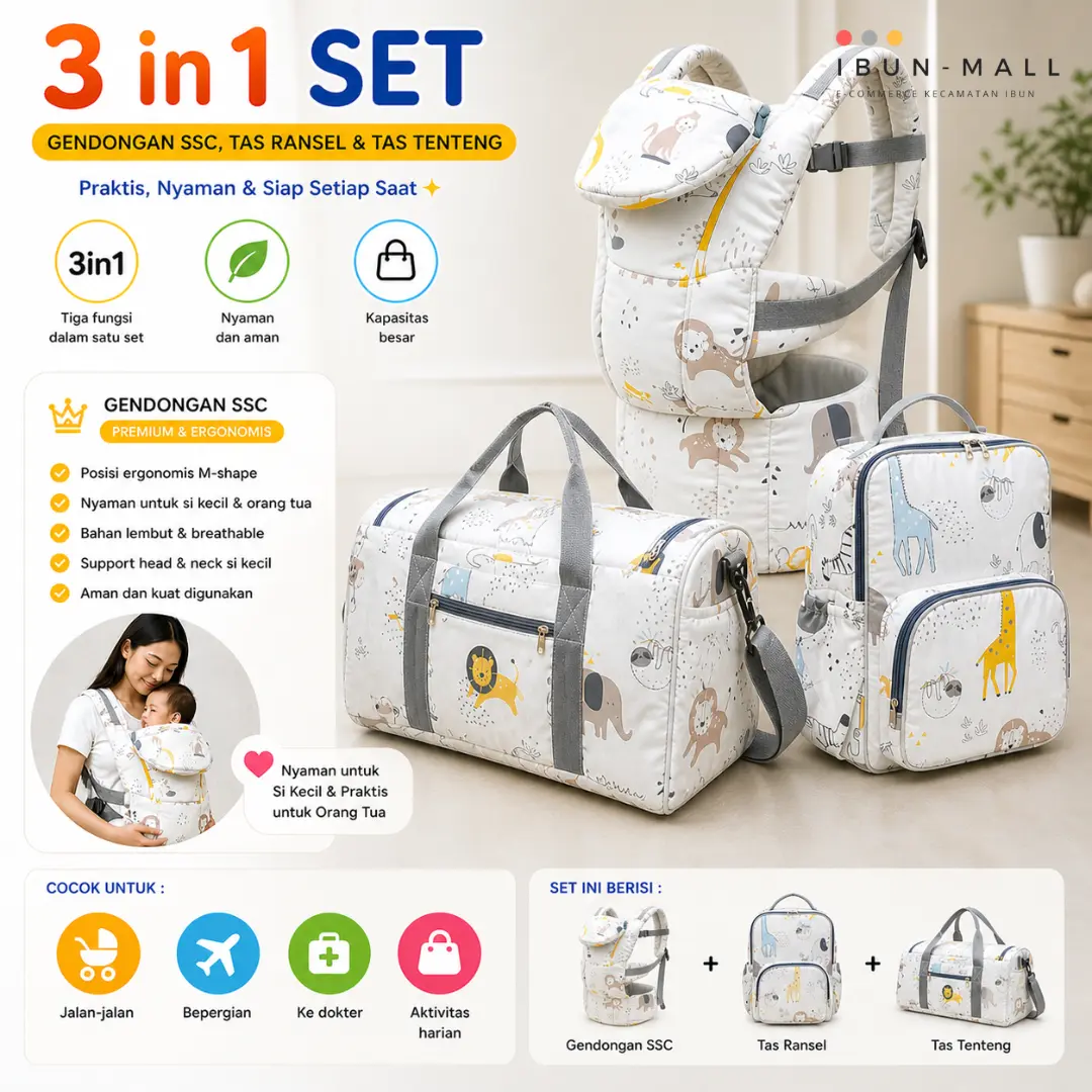 Ibun-Mall 3 in 1 Set Kebutuhan Ibu Gen Z Gendongan SSC Premium Tas Ransel & Tas Tenteng Empuk Nyaman untuk Bayi
