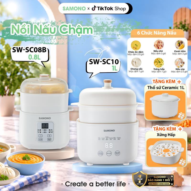 Nồi Nấu Cháo Chậm Samono, nồi SC10 - 1 Lít, Nồi SC08B - 0,8 Lít, Nồi Nấu Cháo Ăn Dặm Thố sứ giữ trọn vẹn vị thực phẩm, tặng kèm xửng hấp, chế độ hẹn giờ, an toàn cho bé, tiết kiệm thời gian cho mẹ - BH 12 tháng