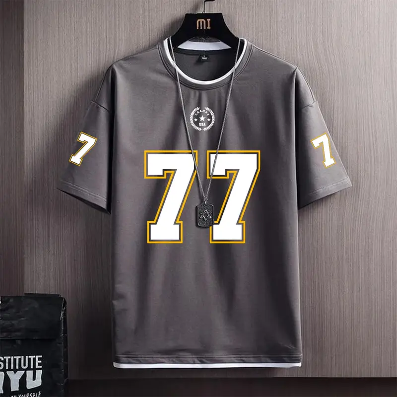 T-shirt Distro Number 77 Hitam - Putih - Abu-abu Oversize Pria Dan Wanita Dewasa Baju Cotton Combed 24s High Premium Kaos Lengan Pendek Size M L XL XXL 1