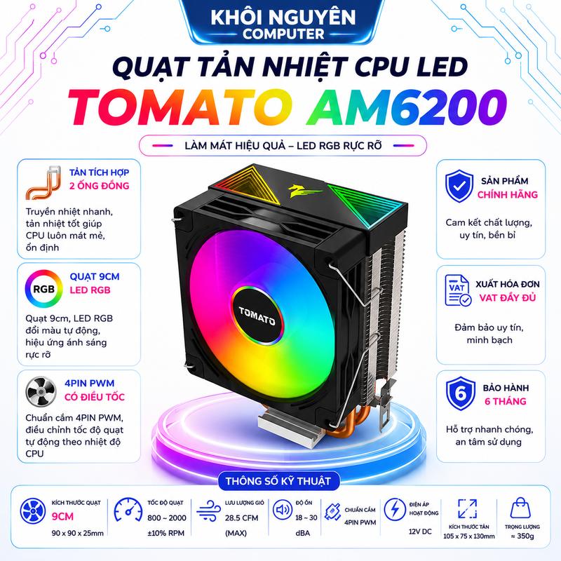 Quạt Tản Nhiệt CPU Tomato AM6200 RGB Đen – 4Pin PWM, 2 Ống Đồng, Led Đổi Màu, Êm