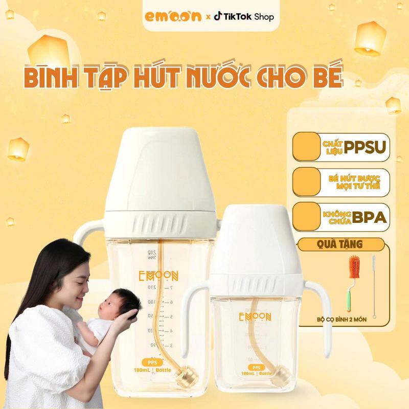   DEAL ĐỘC QUYỀN MẸ PHƯƠNG  Bình Tập Hút Nước EMOON Chất Liệu PPSU Cao Cấp Dung Tích 180ml - 280ml An Toàn Với Ống Hút Silicone Siêu Mềm Có Van Chống Sặc Cho Bé Theo Từng Giai Đoạn Thiết Kế Giống Ti Mẹ Tiện Dụng 